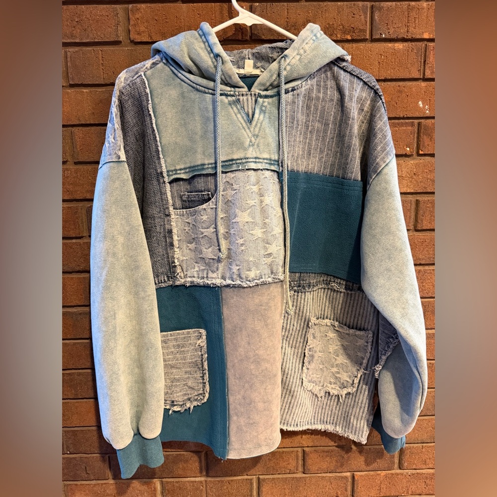 Oli & Hali Patchwork Hoodie in Blue and Gray denim stars small s oversized